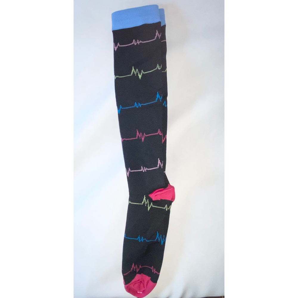 EKG Heartbeat Knee High Compression Socks Black Medical Nurse Pulse Pattern - Picture 2 of 7